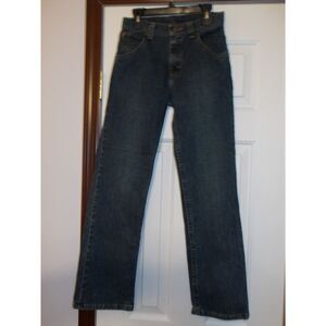 Dark Wash Wrangler Straight Leg Denim Jeans with Orange Contrast Stitching‎